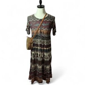 Vintage Deer Print Maxi‎ Dress, Boho Hippie Chic, Button Front Sun Dress